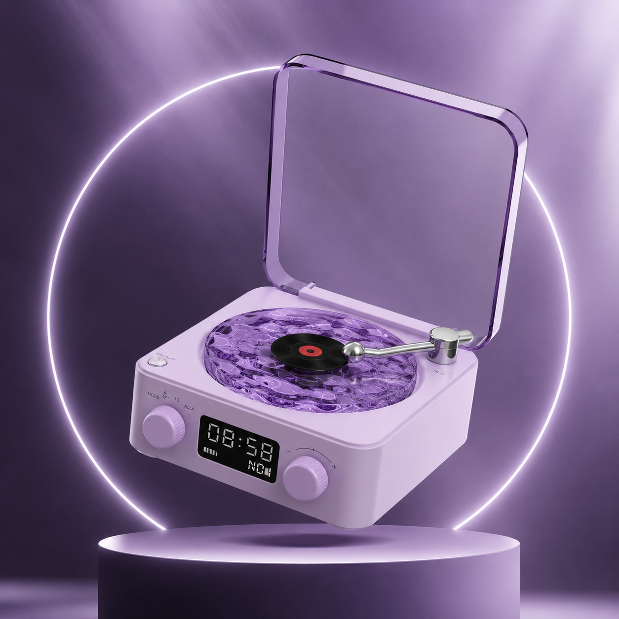 VYNILLO speaker glowing with ambient purple light on a bedside table